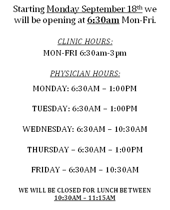 New Hours Starting Monday September 18th
